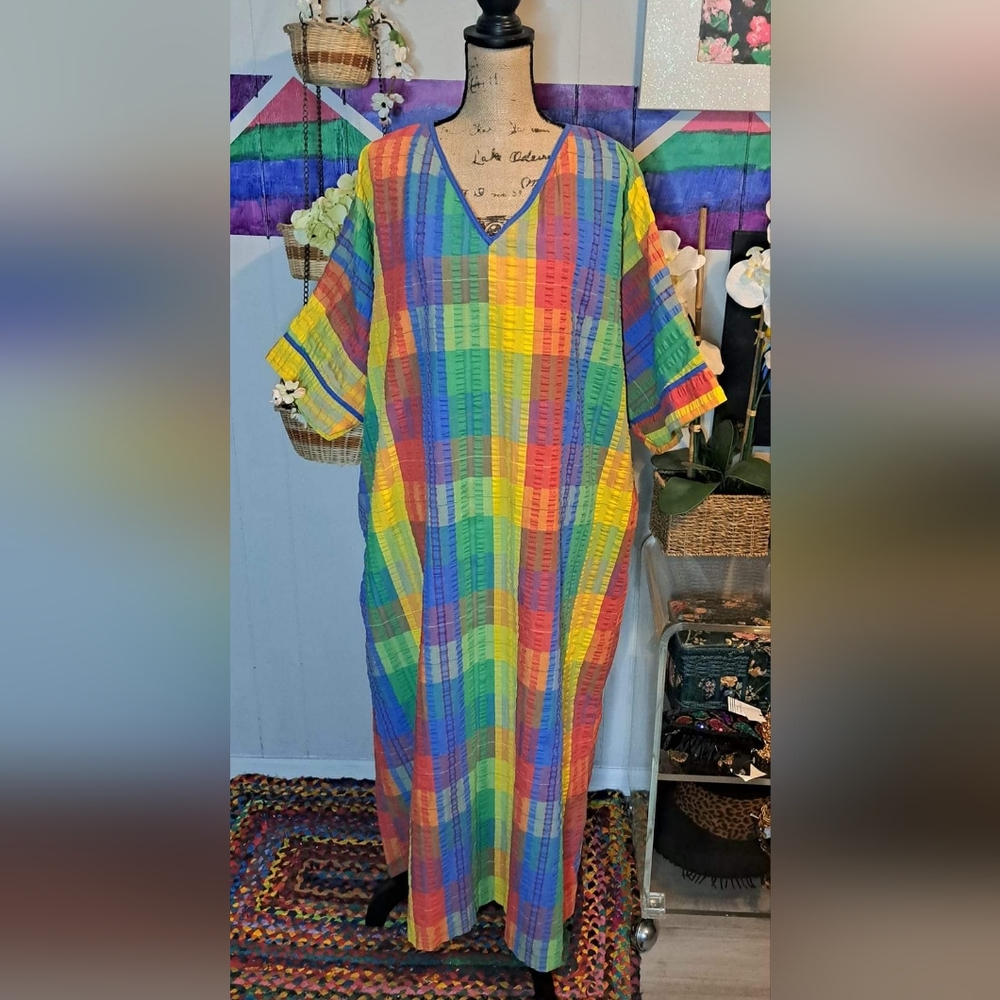 Vtg Saybury Multicolored Rainbow Kaftan Dress with Pockets (One Size)